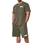 BEAUDRM Men's Big and Tall Two Piece Tracksuit Letter Print Short Sleeve T Shirt Track Shorts Set