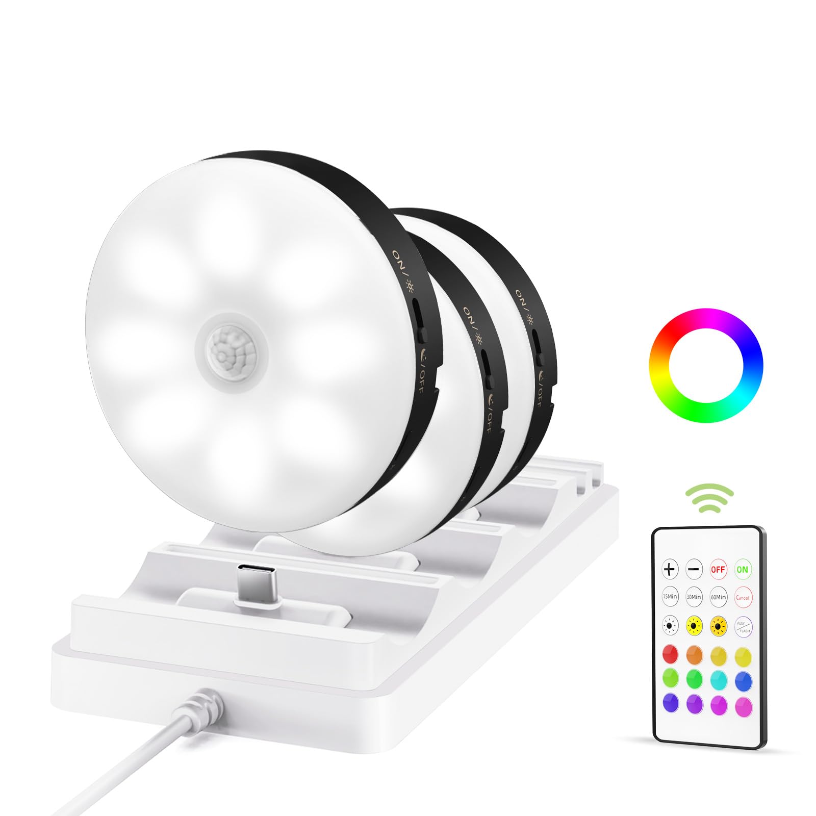 Photo 1 of EZVALO Under Cabinet Lighting with Charging Station,1000mAh Rechargeable Puck Lights with Remote, 3 Color Temps & 12 RGB Closet Lights, Dimmable Motion Sensor Lights for Shelf, Kitchen (3 Packs)