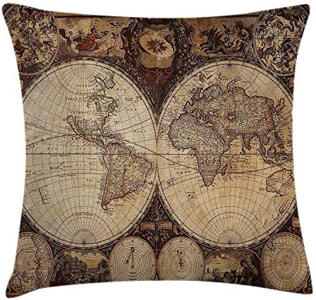 Travel Throw Pillow Cushion Cover, Old World Map Drawn in 1720s Nostalgic Style Art Historical Atlas Vintage Design, Decorative Square Accent Pillow Case, 18 X 18 Inches, Multi