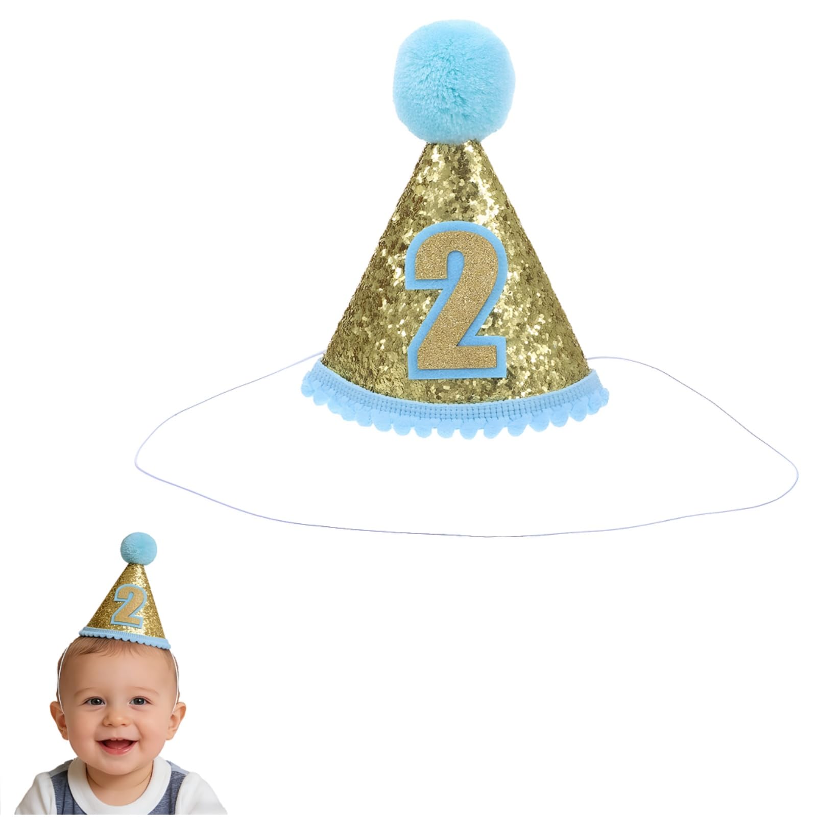 Toddmomy 2nd Birthday Cone Hat With Adjustable Headband Kids Birthday Hat for Baby Girl Party Supplies (Blue)