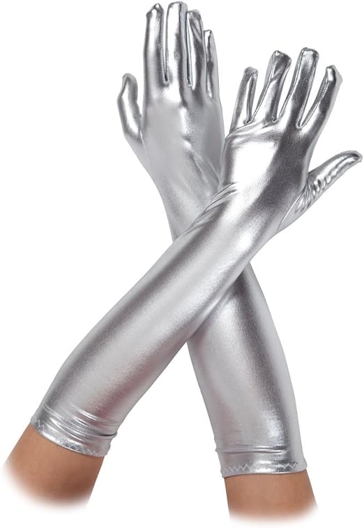 Ladies Long Metallic Silver Gloves Fancy Dress Party Accessory Elbow