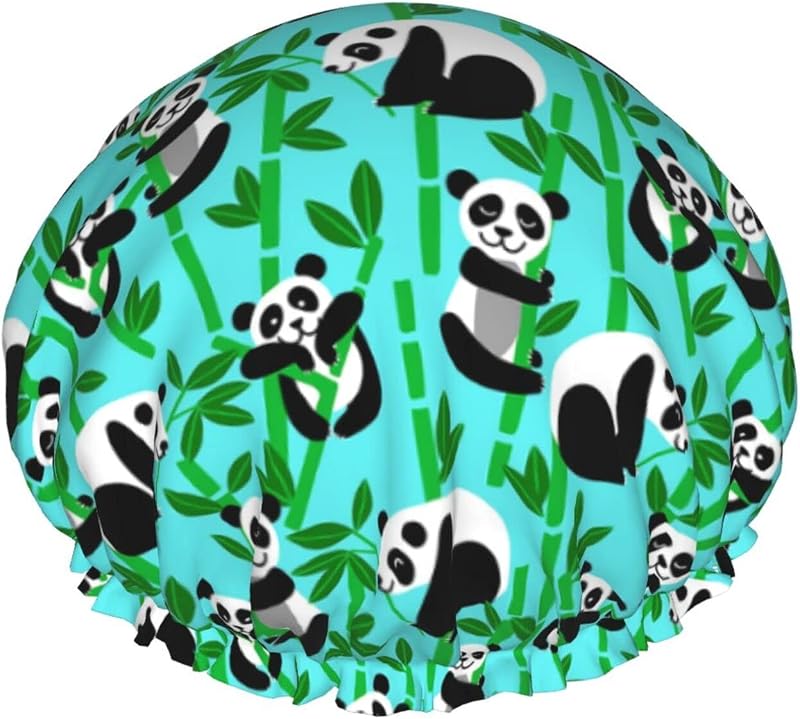 BOMENG Bamboo Panda Print Double Layer Waterproof Reusable Shower Cap