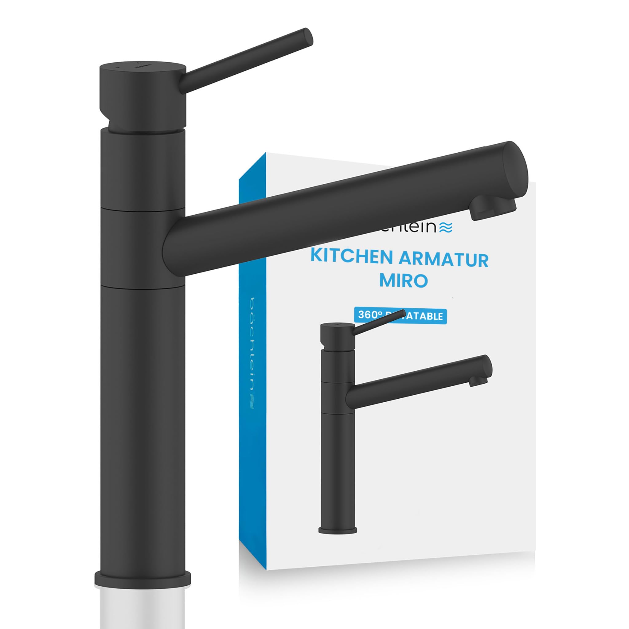 Bächlein Kitchen Faucet 360 Degree Swivel (Matt Black) - One-Hand Sink Mxer Made of Stainless Steel with 360° Swivel Spout, Faucet for The Kitchen in Extra Solid Design