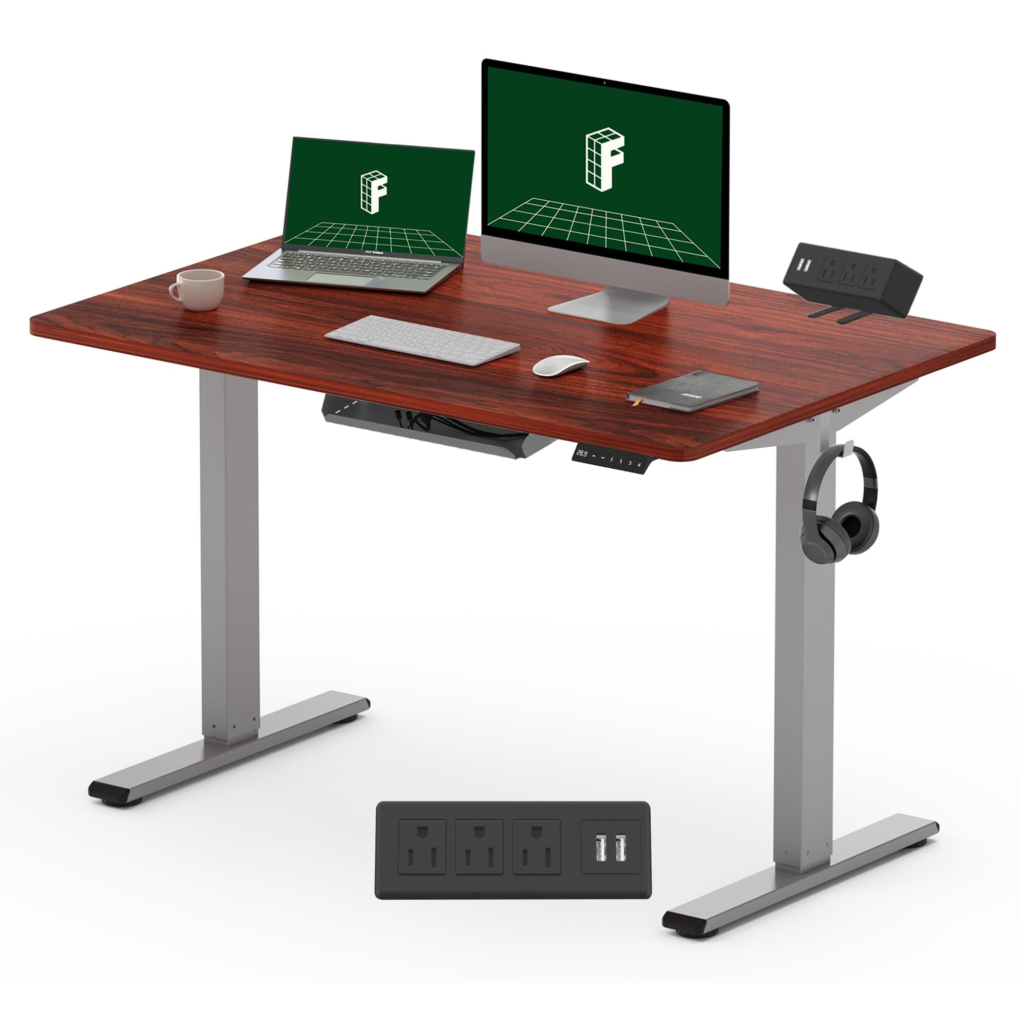 FLEXISPOT EN2 Standing Desk Height Adjustable 48 x 30'' Whole-Piece Desktop Electric Stand Up Desk with Desk Clamp Power Strip, Cable Management (Gray Frame + 48