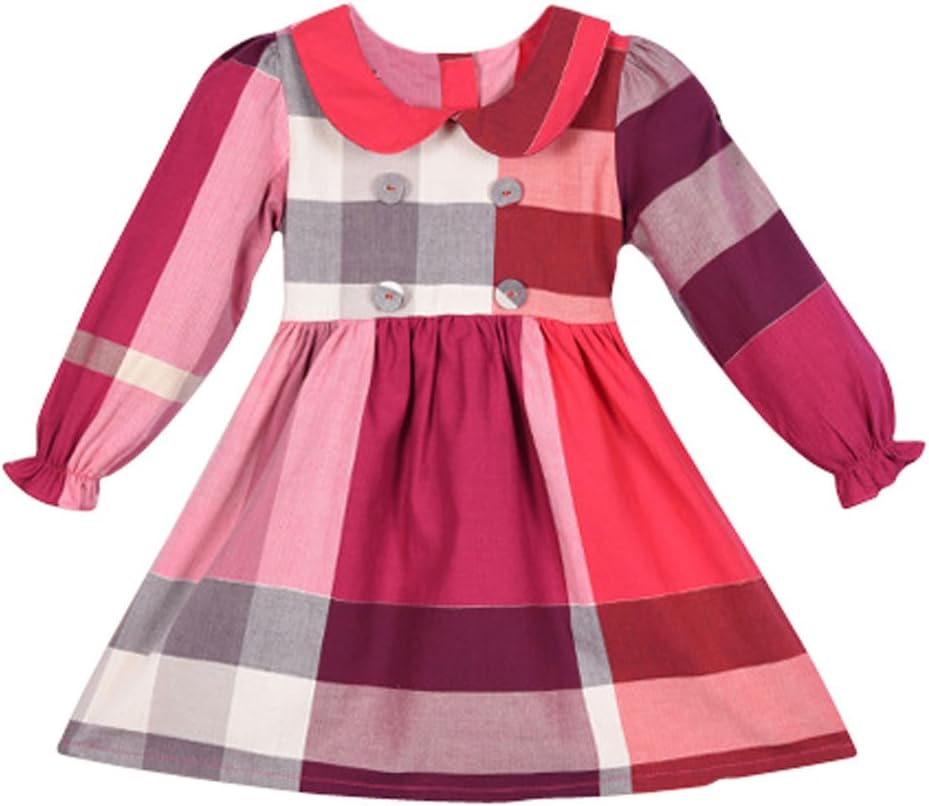 Yinggeli Little Baby Girls Long Sleeve Plaid Checked Princess Dress(Rose Red, 2-3 Years)