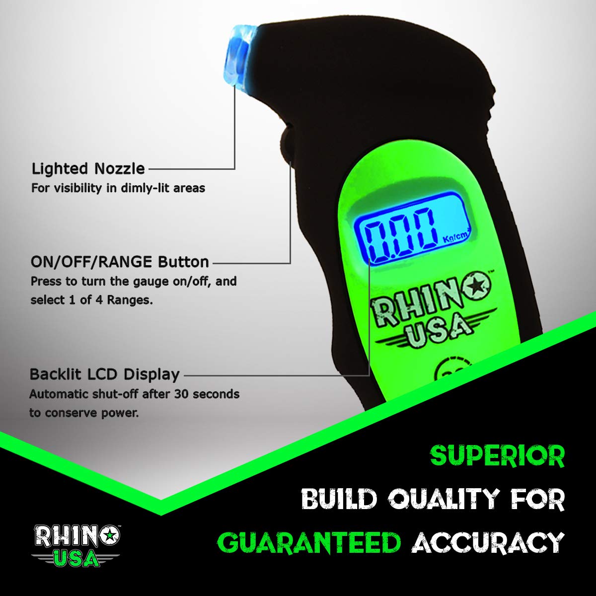 Rhino USA Digital Tire Pressure Gauge 150 PSI, 4 Ranges, Ergonomic Design w/Lighted Nozzle & LCD Backlit Display - Certified Accurate Readings, Best Digital Gage: Industrial & Scientific