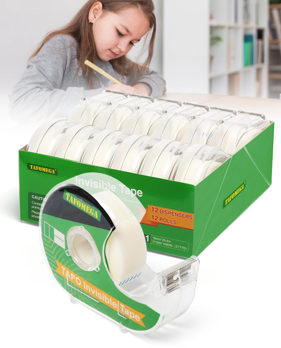 Photo 1 of Invisible Clear Tape Bulk Rolls,12 Packs Gift Wrapping Tape for School Office Craft Job with Dispenser Frosted Writable-7/10 X 1000 Inches