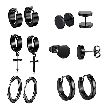 hopewey 6 Paare Männer Ohrringe Schwarz Ohrschmuck Ohrclips Creolen Ohrhänger Tunnel Edelstahl Ohrstecker für Herren Damen Pi