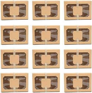 12 Pack Natural Craft Cookie Boxes with Window,Large Holiday Food Bakery Cookie for Gift Given,Pastry Candy Wedding Party Favors Brown Craft Paper Box with Gift Tags & Ribbons (Kraft brown)