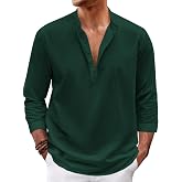 Karlywindow Mens Linen Henley Shirt Long Sleeve Summer Beach Casual T-Shirt | 3/4 Sleeve, Cotton Linen Shirts, Hippie, Yoga, Henleys, Breathable