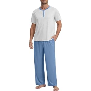 Kinnette Mens Pajamas Set Henley Neckline Lightweight Sleepwear Pjs S-3XL | Short Sleeve Soft Lounge Set with Pockets
