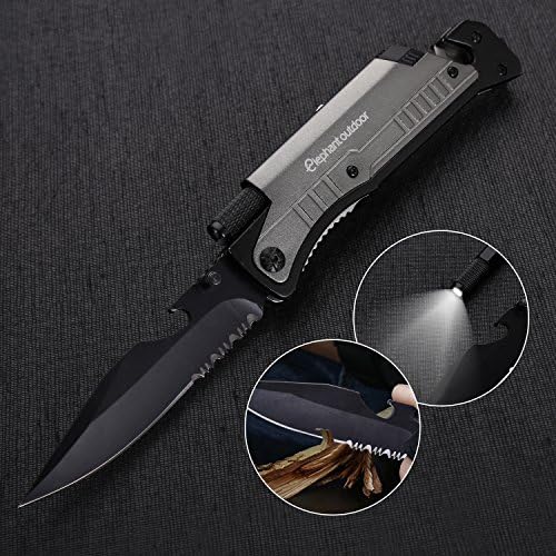 Survival Knife - Updated 7-in-1 Tactical Pocket Folding Knife with LED Flashlight, Glass Breaker, Seatbelt Cutter, Magnesium Fire Starter, Whistle and Bottle Opener, Best Stainless Steel Camping Gear