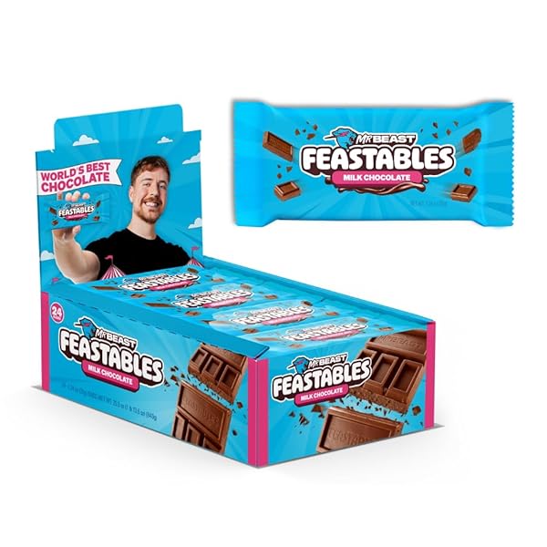 FEASTABLES MRBEAST MILK CHOCOLATE CHOCOLATE BAR, FULL SIZE BAR FOR ADULTS & KIDS, CANDY BARS, SNACKS, GIFTS, OR DESSERT, SWEET & CREAMY FAIRTRADE COCOA, 1.24 OZ EACH, 24 COUNT