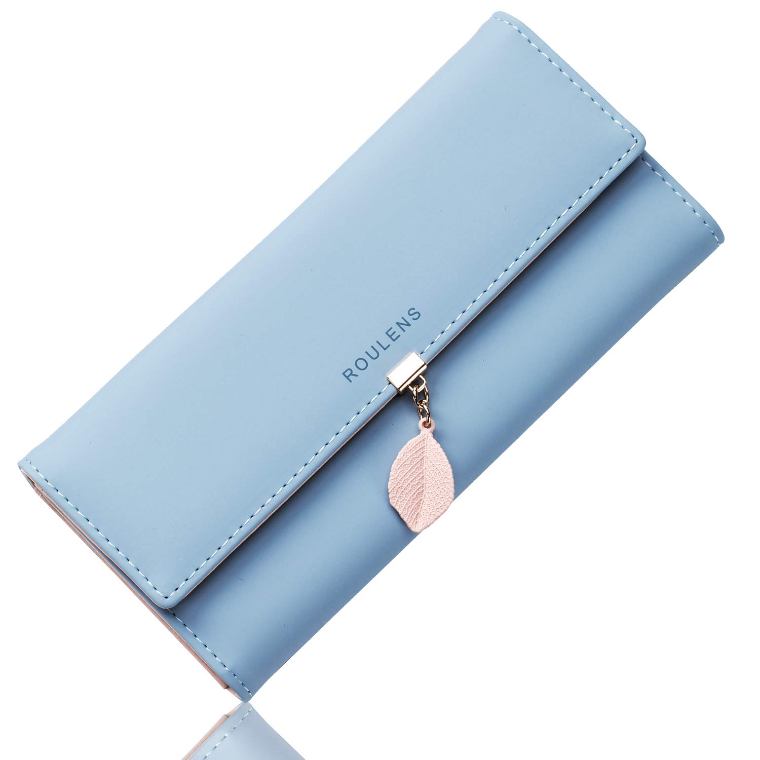 Roulens Ladies Purse, RFID Blocking PU Leather Wallet for Women Leaf Pendant Zipper Coin Purse with Multiple Card Slots and Roomy Compartment