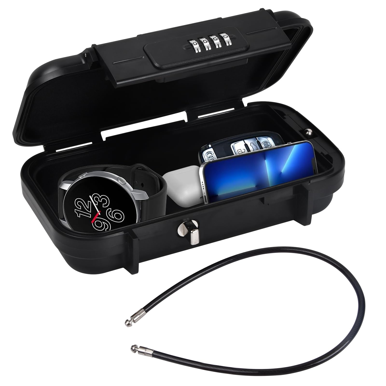 Portable Safe Box with Code, Waterproof Combination Security Case Lock Box, Travel Outdoor Key Safe Storage, Anti Theft Mini Lockable Box with Removable Wire Rope for Beach Dormitory Cars Travel Hotel