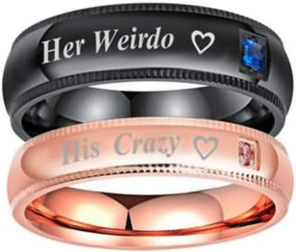 2 Pieces Couple Rings Stainless Steel with Engraving Her Weirdo His Crazy Heart Round Width 6/4MM Anniversary Wedding Rose Gold Black Women Size 8 & Men Size 7