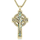 Hagkew 14K Gold Plating Celtic Cross Necklace 925 Sterling Silver Celtic Tree of Life cross pendant Abalone Shell Cross Necklac for Men Religious Protective Jewelry Gift For Men Women