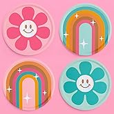 xo, Fetti Rainbow Flower Groovy Paper Plates - 24 pk, 9" | Bachelorette Party Decorations, Smiley Pastel Birthday Supplies, 70s Baby Shower Favors, HBD, Fun Retro Tableware
