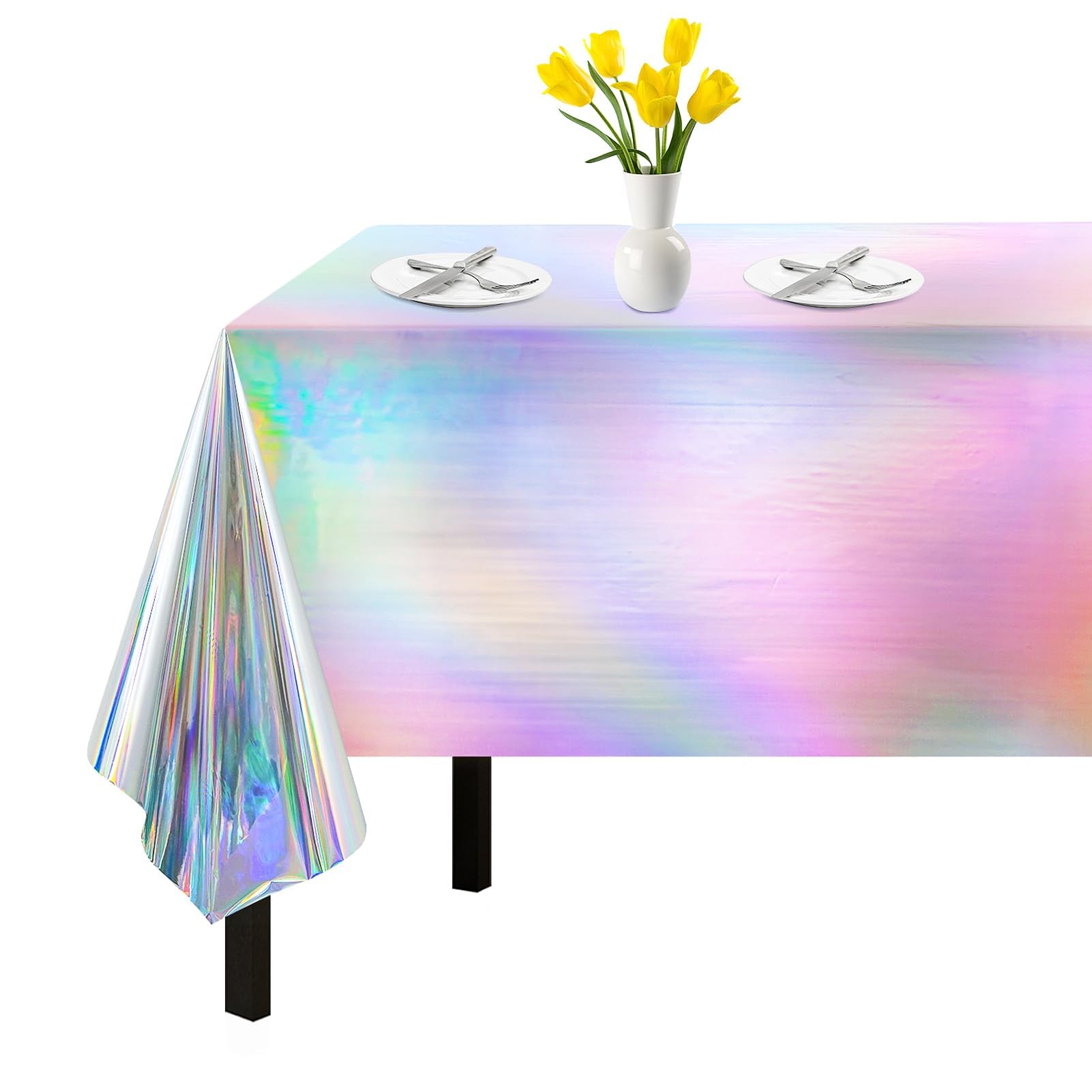 Photo 1 of 1 Pack Iridescent Tablecloth, 54" x 108" Birthday Party Table Cloths Iridescence Plastic Disposable Table Covers Iridescent Party Decorations, Birthday Decor Tablecloth for Buffet Table