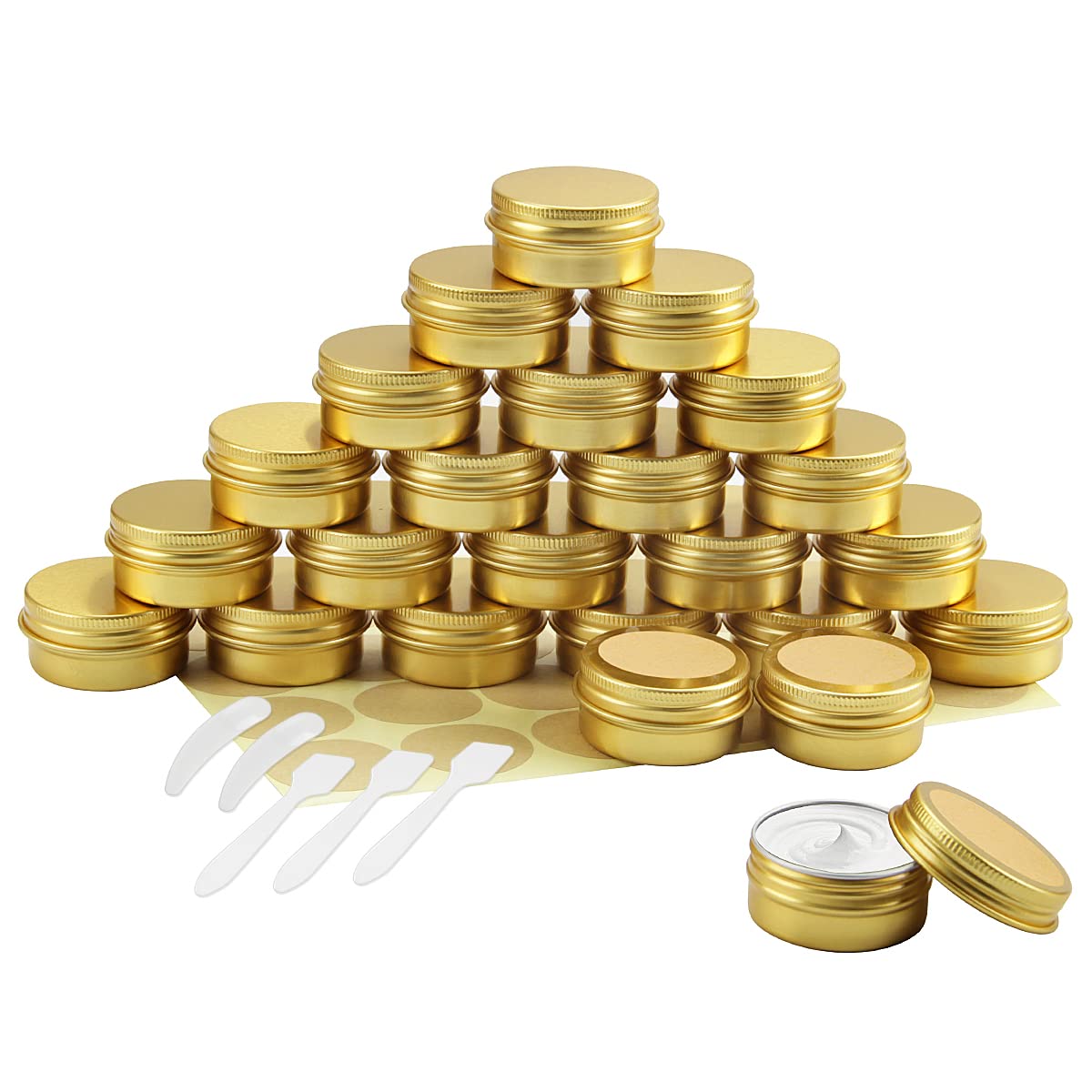 BELICOO 24 Pcs Aluminum Tin Jars, 20ml Cosmetic Container Pots with Screw Lids, Labels and Mini Spatula for Cream, Candle, Sample, Powder, Makeup Storage (Gold)