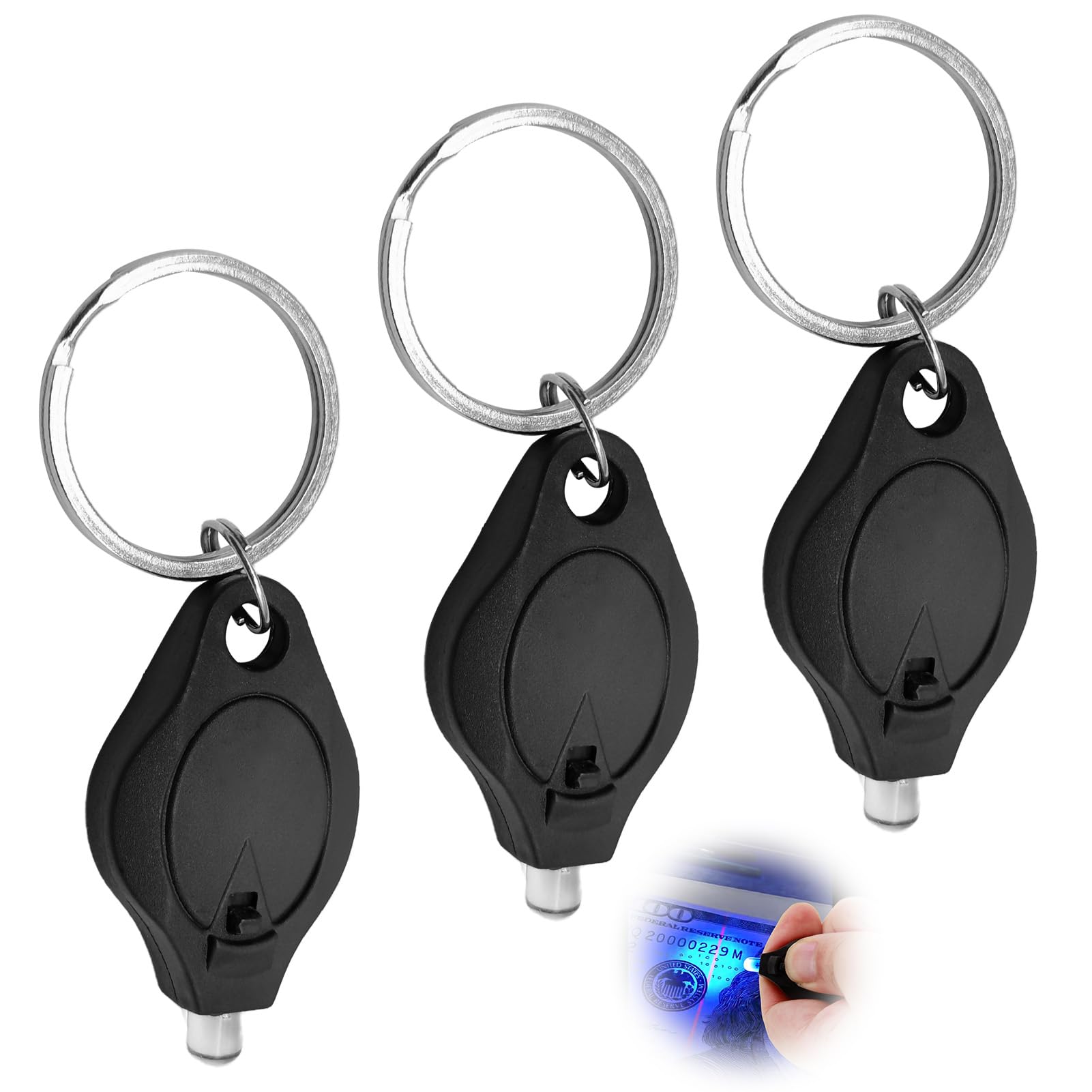 3PCS Note Checker Blacklight Mini LED Keychain Torches Flashlight UV Detector Watermark Torch Money Checker Pocket Small Flashlights Portable Flashlight for Paper Notes Keyring Keychain(Black)