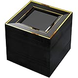bUCLA 100PCS Black Square Plastic Plates with Gold Rim-6inch Disposable Cake Plates- Premium Hard Square Small Appetizer Plat