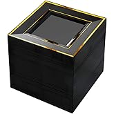 bUCLA 100PCS Black Square Plastic Plates with Gold Rim - 6 inch Disposable Dessert/Appetizer/Small Cake Plates for Party, Graduation & New Year