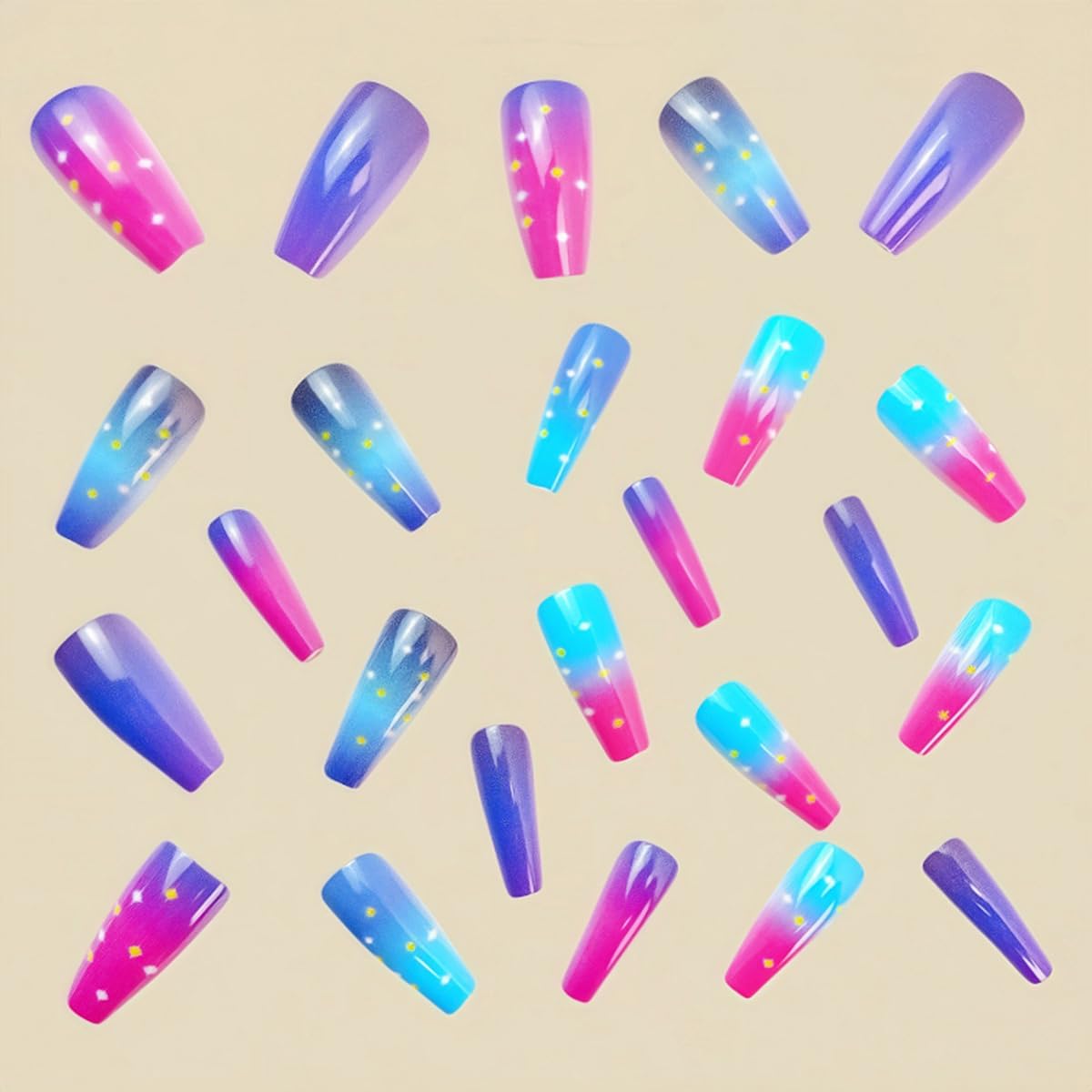 Medium Press on Nails Coffin Fake Nails with Purple Blue Pink Gradient Design Glue on Nails Glossy Acrylic Full Cover Nails Press on Reusable False Nails Cute Stick on Nails for Women Girls 24Pcs - Image 2