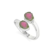 LUSTRE AND LIGHT Natural Raw/Rough Watermelon Tourmaline 2 Stone Size Adjustable Stackable Twister Ring for Women in Sterling Silver, October Birthstone Jewelry Gifts for Her (Bezel-Set)