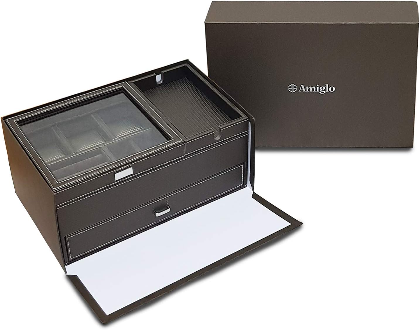 Amiglo Mens Dresser Valet Organizer with Charging Station, Nightstand Drawer Tray, Jewelry Accessories Watches Box, Carbon Fiber Design, PU Leather (Gold Brown): Home Improvement