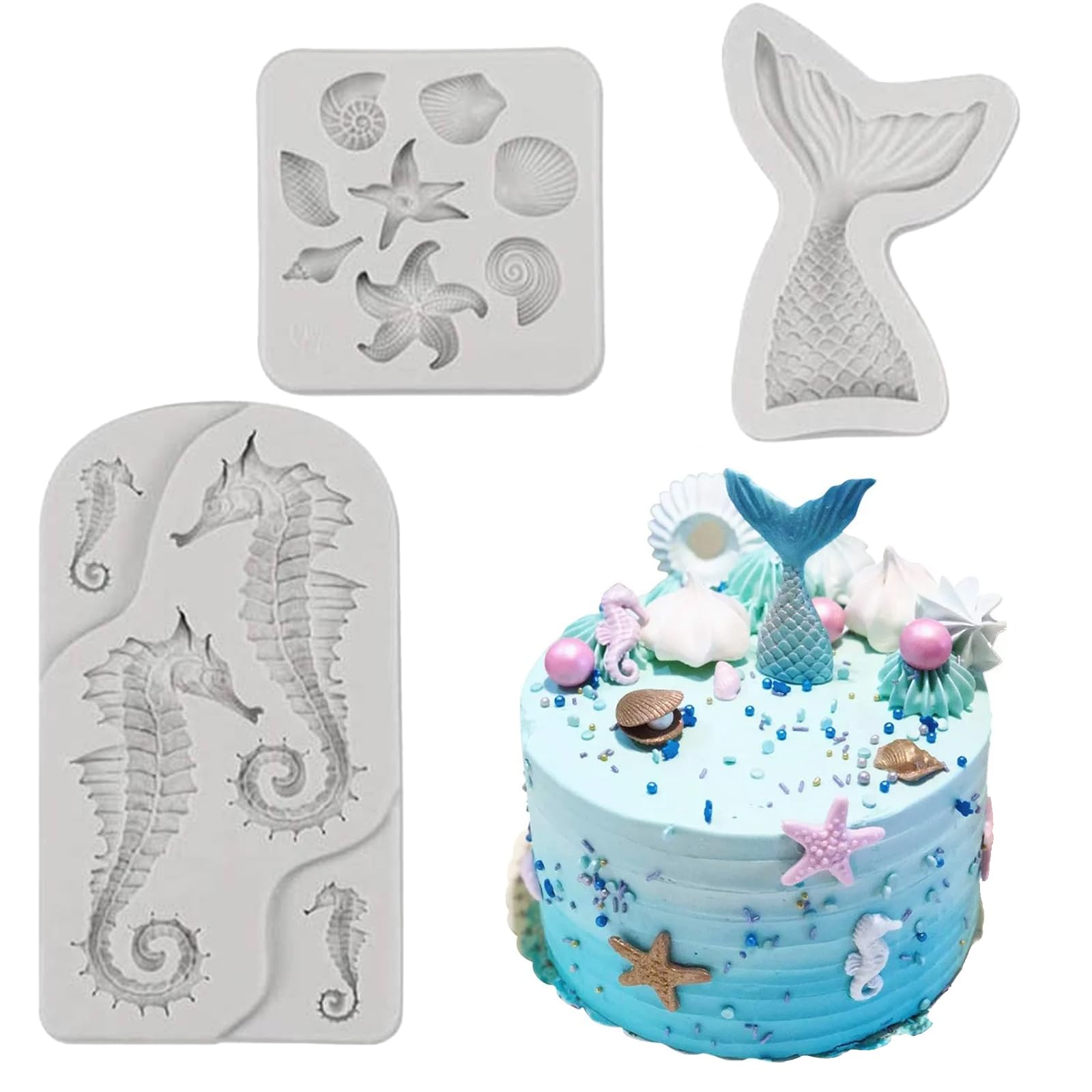 3PCS Marine Theme Fondant Silicone Mold,DIY Marine Theme Fondant Mould Set,Mermaid Silicone Cake Moulds,Seahorse,Starfish,Conch & Shell Cake Moulds,for Cake Decoration,Chocolate,Mousse,Handmade Soap