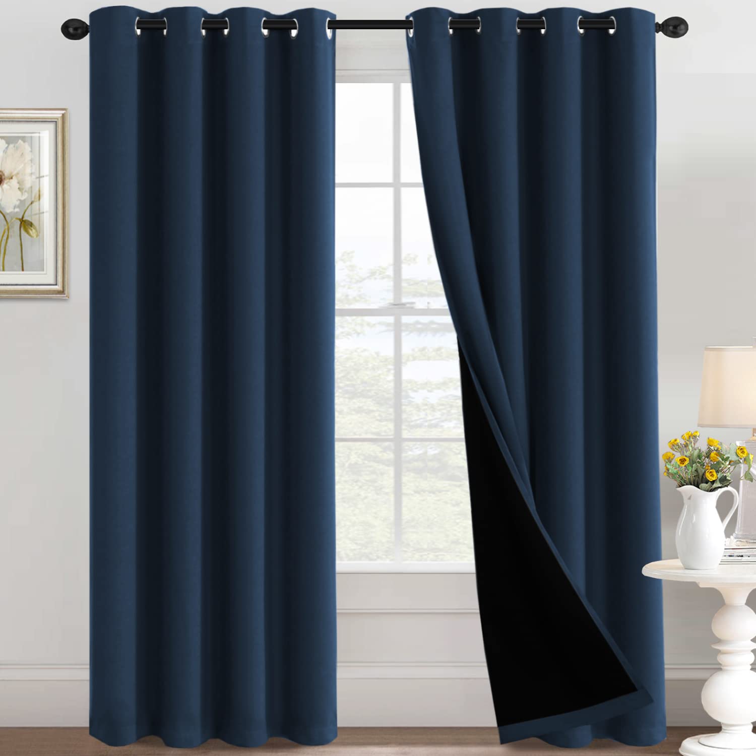 Photo 1 of 100% Blackout Curtains Thermal Insulated Full Blackout Curtains for Living Room Energy Efficiency Window Curtain Drapes for Bedroom with Black Liners (1 Panel, 52x84 inch, Navy)