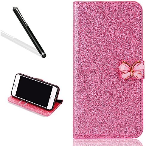 Galaxy Note 8 Wallet Case,Bling Glitter Folio Case for Samsung Note 8,Leeook Luxury Noble Sparkle Shining Pink Butterfly PU Leather Wallet Flip Case in Book Style with Card Slots Cash Holder Stand Function Butterfly Magnetic Closure TPU Silicone Inner Protect Cover for Samsung Galaxy Note 8 + 1 x Black Stylus