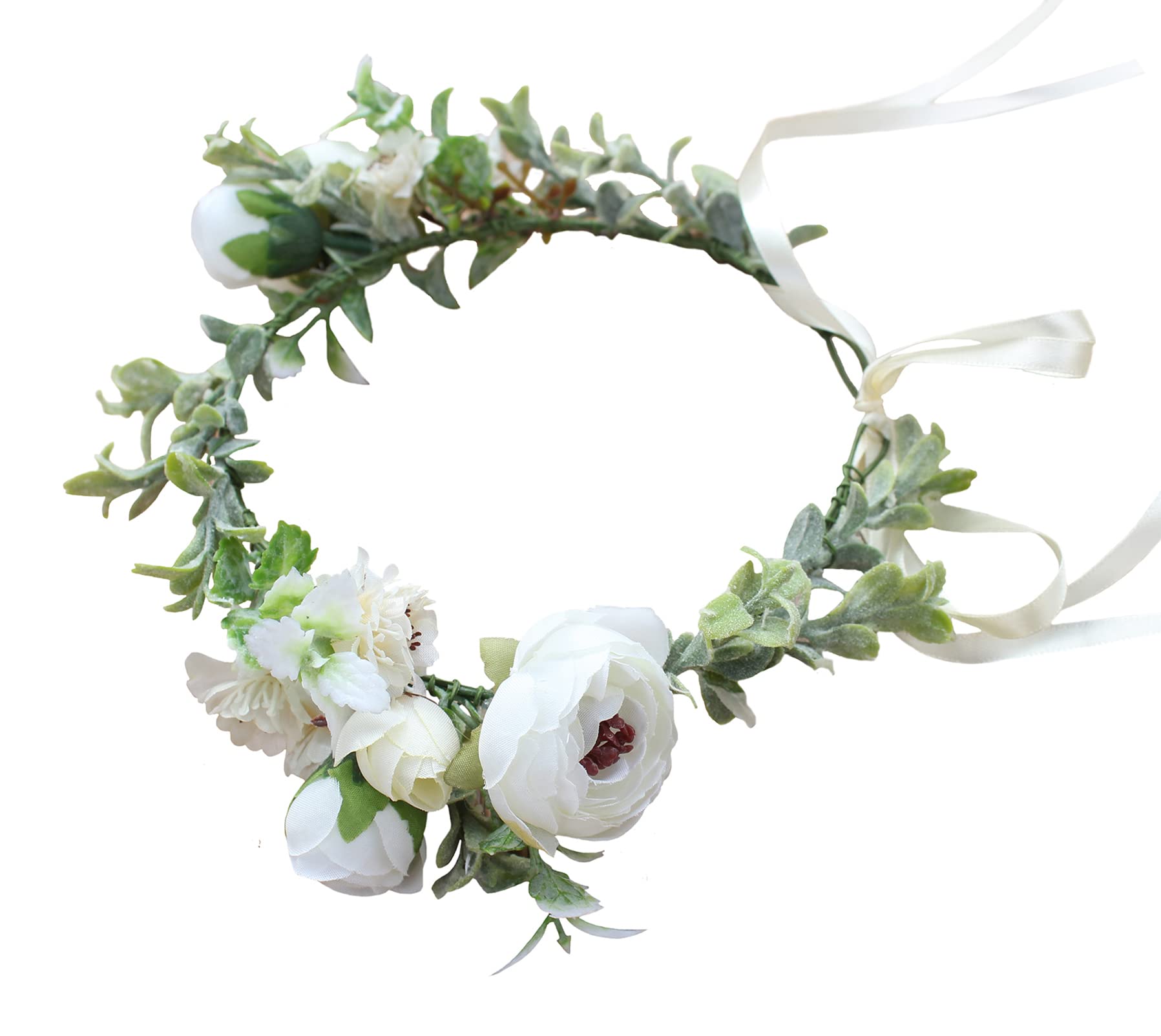 Brikuinr Women Flower Crown Floral Wreath Headband Hair Wreath Hair Garland Flower Halo Floral Headpiece Boho with Ribbon Wedding Party White