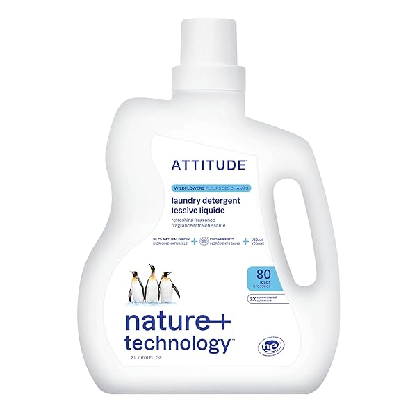 ATTITUDE LIQUID LAUNDRY DETERGENT, EWG VERIFIED, HE COMPATIBLE, PLANT-BASED & VEGAN, NATURAL LAUNDRY SOAP, WILDFLOWERS, 80 LOADS, 67.6 FL OZ