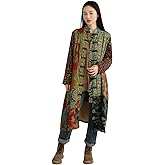 Women's Boho Floral Patchwork Fleece Coat Loose Long Fit Button Camo Trench Jacket with for Fall & Winter