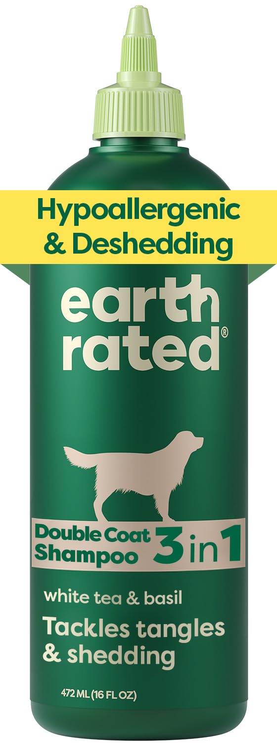Earth Rated 3-in-1 Deshedding Dog Shampoo and Conditioner, Deodorizing Oatmeal Shampoos for Dogs and Puppies, Great for Smelly Pets, White Tea and Basil Scent, 473 ml