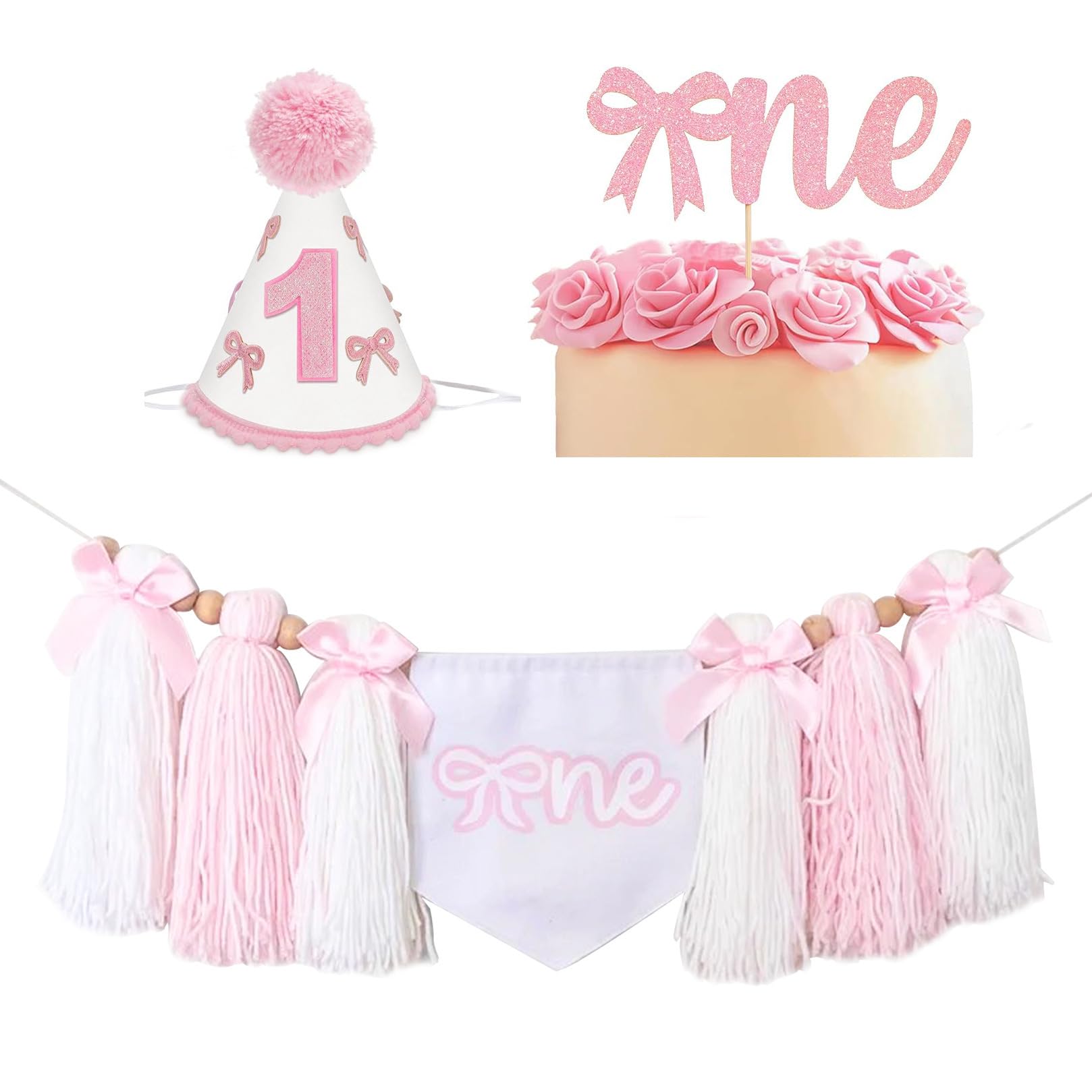 Photo 1 of 1st Happy Birthday High Chair Banner Decorations Set for Girl with Pink Bow Cone First Birthday Hat+One Cake Topper