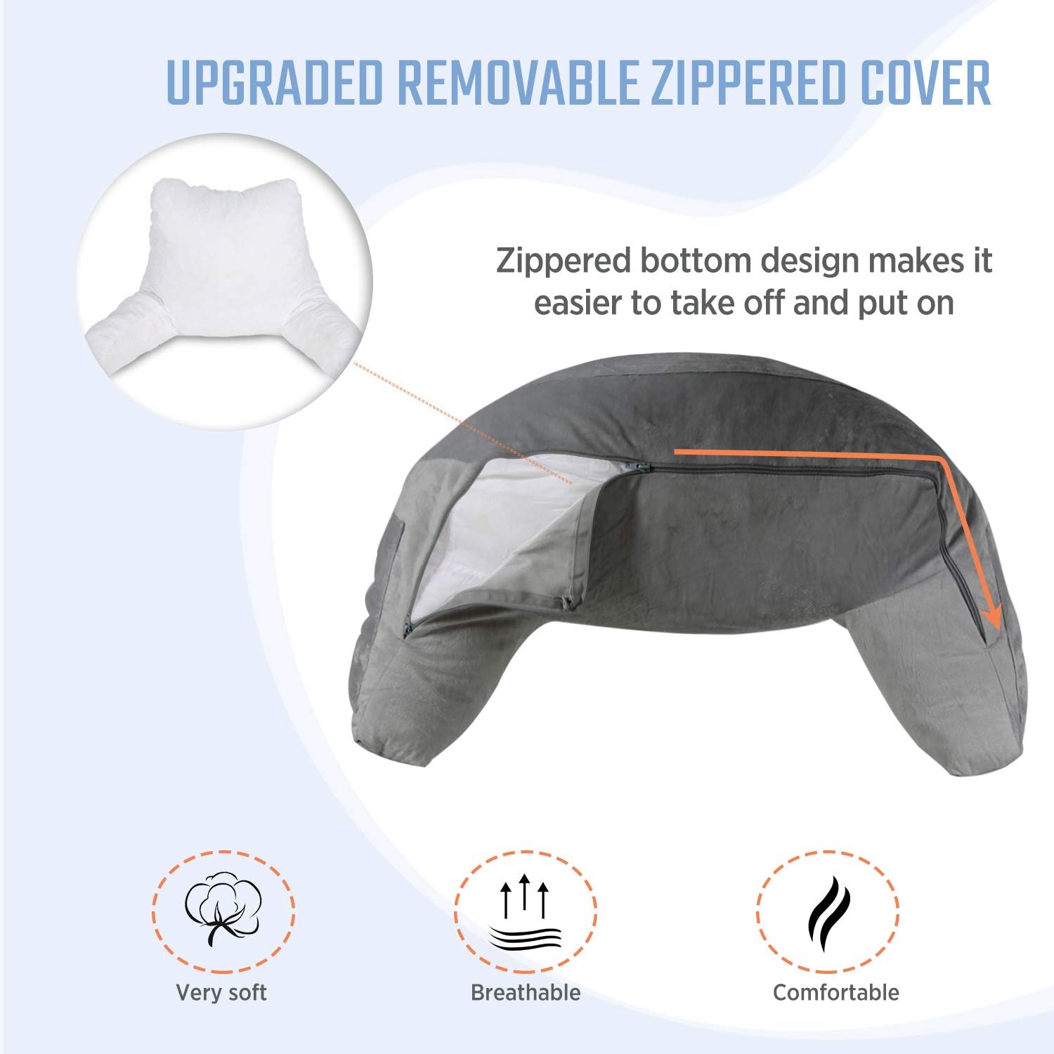 EAGLE PEAK Medium Shredded Memory Foam Reading Pillow, Bed Rest Pillow with Arms and Pockets, Removable Cover, Back Support Cushion for Adults, Teens While Reading, Watching TV, Relaxing (Dark Gray): Kitchen & Dining