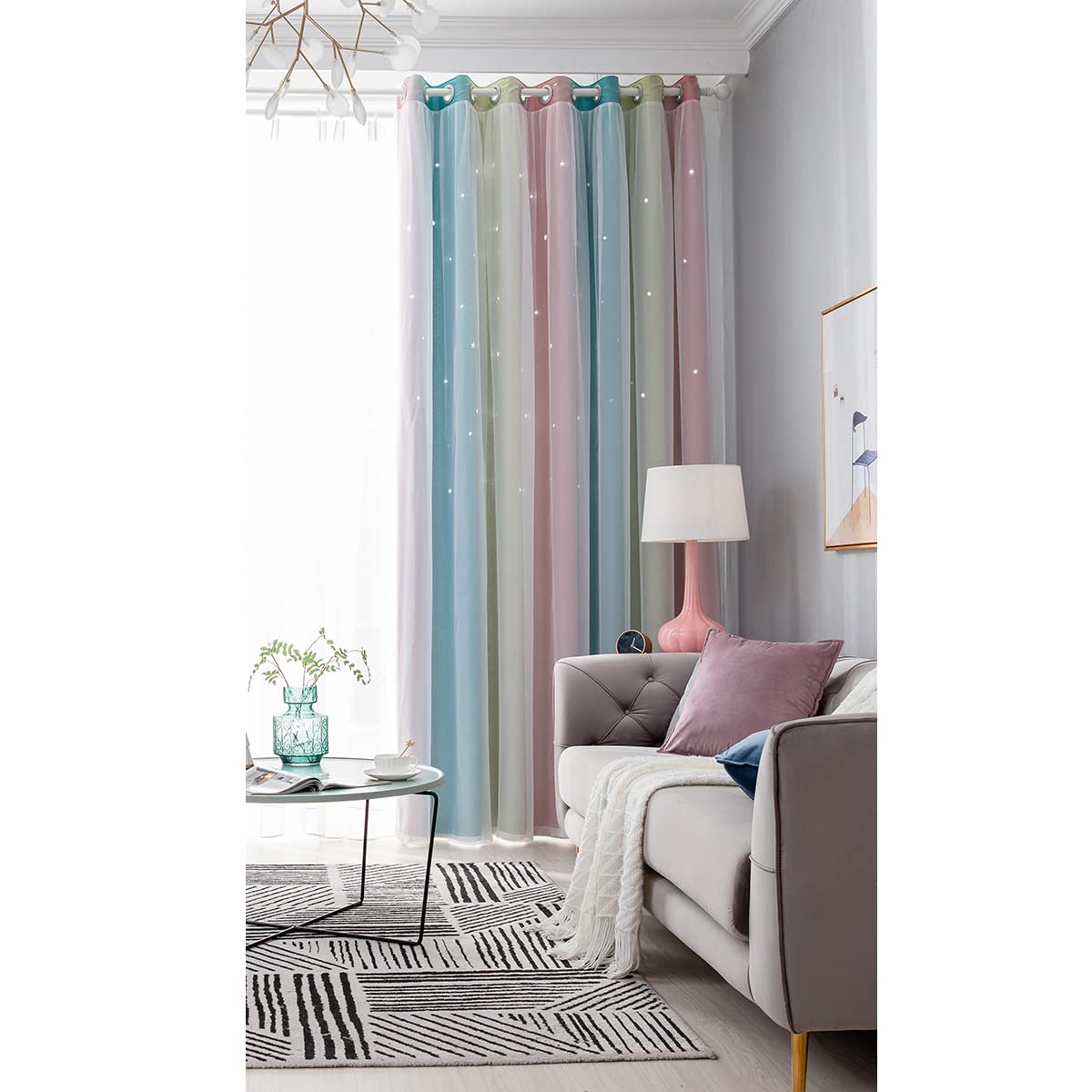 ele ELEOPTION Stars Blackout Curtains, Cut Out Stars Drapery with Eyelet, for Kids Girls Bedroom Living Room Colorful Double Layer Star Window Curtains, 1 Panel, Pink, 53" W x 108" L(134x270cm)