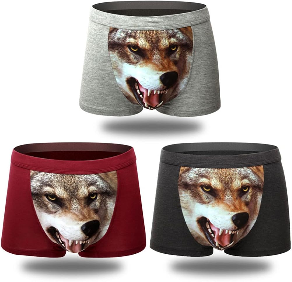 Carlie 3Pcs/Pack Mens 3D Sexy Wolf Head Boxers Briefs Underpants Short Underwear (L, Light Grey