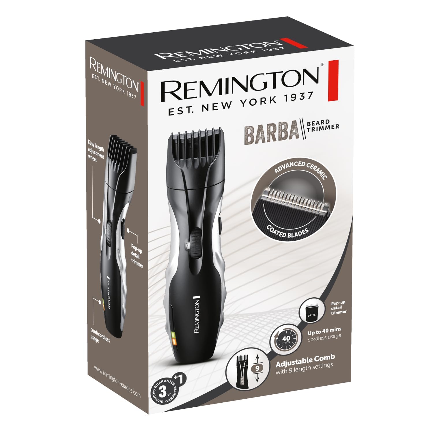 Remington Barba Beard Trimmer (Advanced Ceramic Blades, Pop-up Detail Trimmer, Adjustable Zoom Wheel, 9 Length Settings, Comb Attachment, Cord or Cordless, 40-Minute Runtime) MB320C