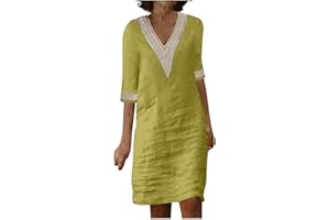 GENERIC Linen Dress Women 2024 Casual Summer 3/4 Sleeve V Neck A Line Knee Length Dress Midi Shirt Cruise Beach Vacation Sun Dresses