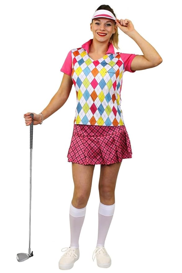 LADIES GOLF COSTUME FANCY DRESS PINK TOP WITH ARGYLL STYLE PATTERN