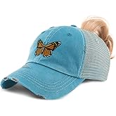 Ponytail Cap Women's Baseball Cap Embroidered Monarch Butterfly Embroidery Cotton