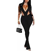 Kafiloe Women Sexy 2 Piece Outfits Clubwear V Neck Sleeveless Bodysuit Top Flare Pants Set Birthday Club Outfits