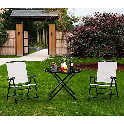 SunLife Modern Outdoor Folding Lawn Chairs with Steel Frame, Portable for Lawn, Garden, Patio, Beach Set of 2, Black Frame/Beige Fabric