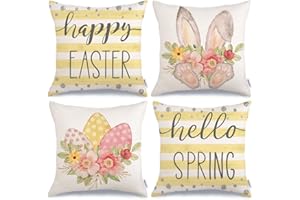 GEEORY Happy Easter Pillow Covers 18x18 Inch Set of 4, Striped Hello Spring Floral Bunny Rabbit Eggs Decorative Farmhouse Throw Pillowcases for Home Sofa Couch Decoration (Yellow) G452-18