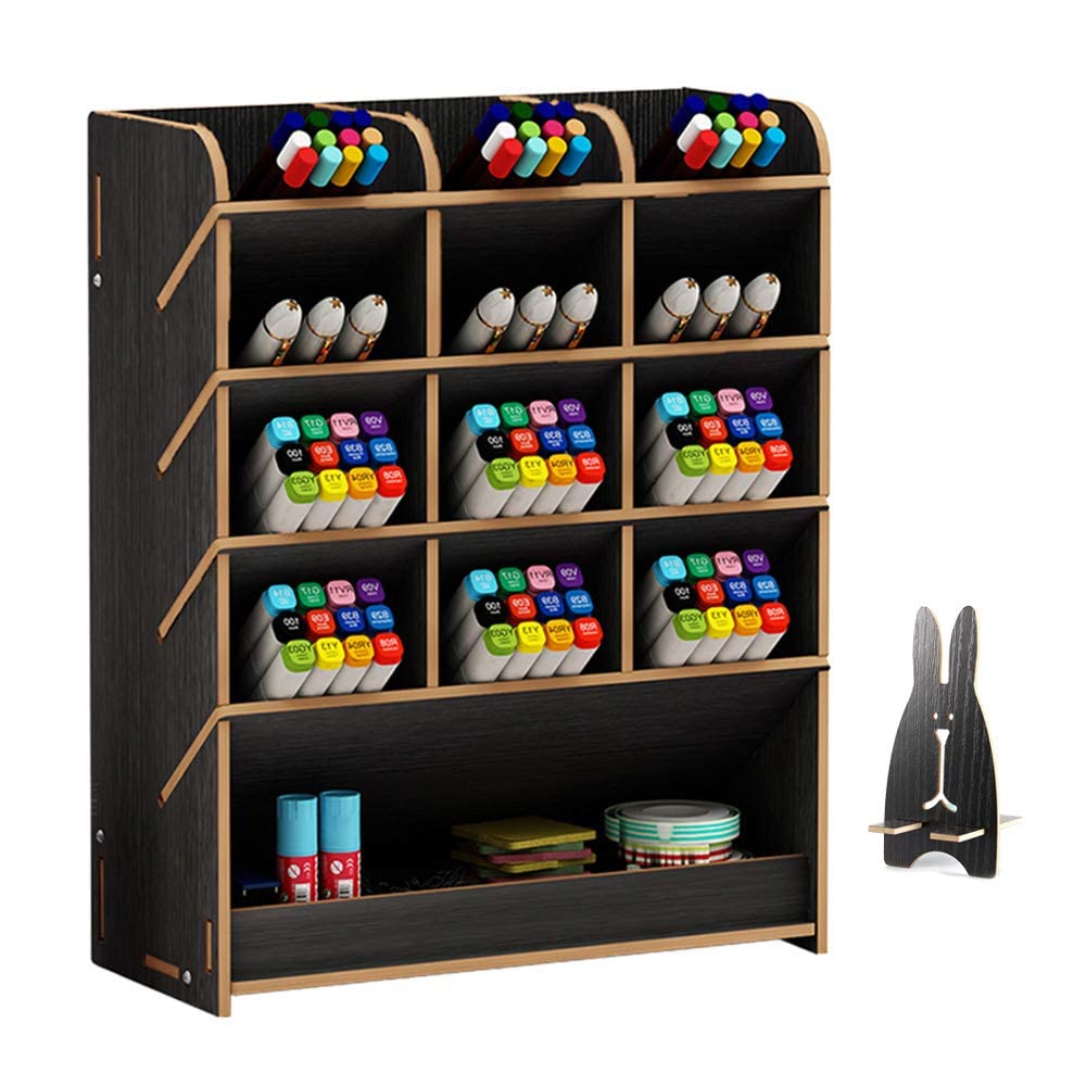 Wooden Desk Organizer, Multi-Functional DIY Pen Holder Storage Box Desktop Stationary Storage Rack for Home, Office and School (B12 Black)