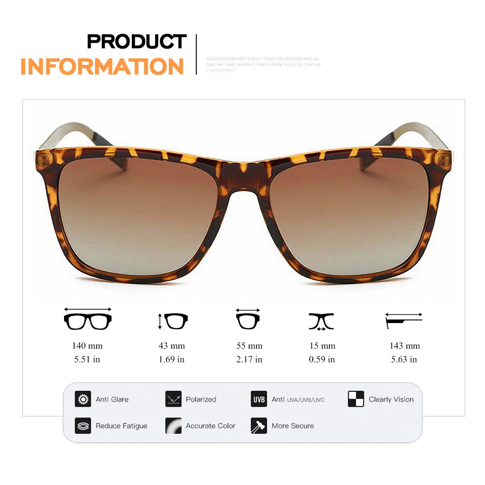 PROSHADE Classic Polarized Wayfarer Sunglasses Square for Men Women 55mm Driving Metal Arms Tortoise Frame Brown Lens (Brown & Brown)